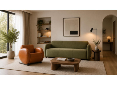 Grünes Stoffsofa Oranger Ledersessel Wohnzimmer Set Modern Elegant