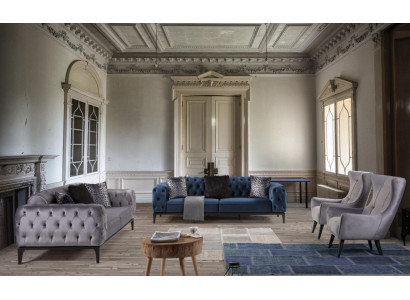Chesterfield Sofa Set 4+3+1-Sitzer Blau Textil Holz Modern Einfarbig