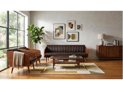 Sofa Zwei Sessel Braun Kunstleder Holz Armlehnen Mid Century Lounge