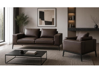 Sofa Sessel Set Kunstleder Braun Metallgestell Modern Elegant Stilvoll