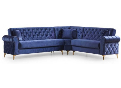 Stilvolles Ecksofa Karo-Bezug Blau Goldfarbenen Beinen Modern