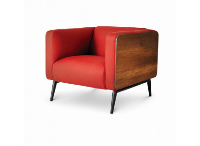 Roter Kunstledersessel Polstersessel Holzseiten Metallbeine Modern