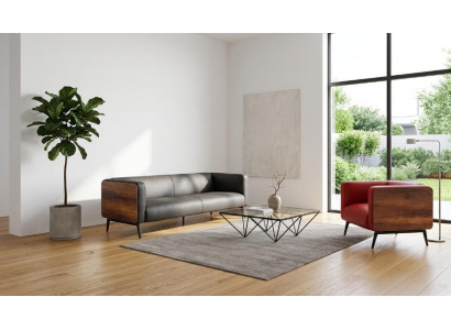 Schwarzes Kunstledersofa Sessel Polstersessel Holzseiten Metallbeine