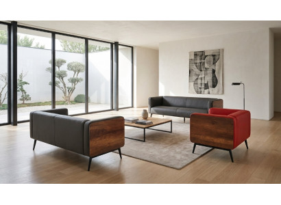 Schwarzes Kunstledersofa Zwei Sofas Sessel Holzseiten Metallbeine