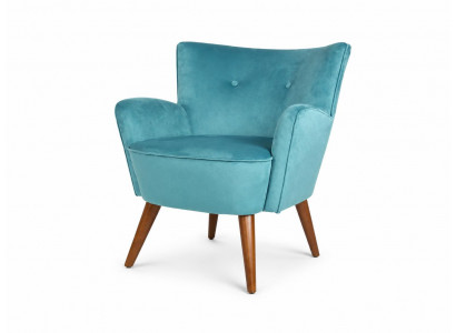 Sessel Blau Stoff Polsterstuhl Holzbeine Retro Design Wohnbereich