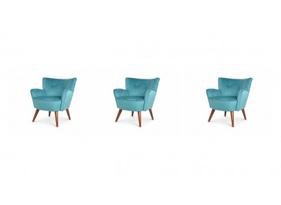 Drei Sessel Blau Stoff Polstergruppe Holzbeine Retro Wohnzimmer Möbel