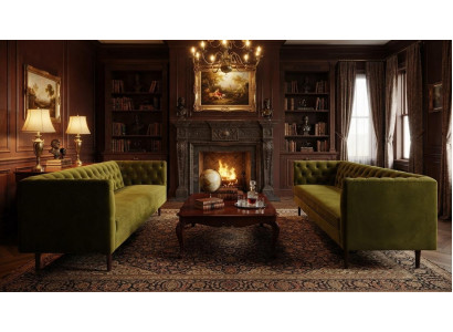 Zwei Sofas Olivgrün Stoff Chesterfield Design Holzbeine Wohnzimmer