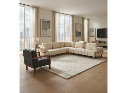 Stilvolles Wohnzimmer-Set Ecksofa Weiß Sessel Grau Holzgestell