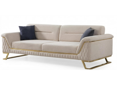 Edles 3 Sitzer Polstersofa Beige Velours Gold Metall Wohnbereich