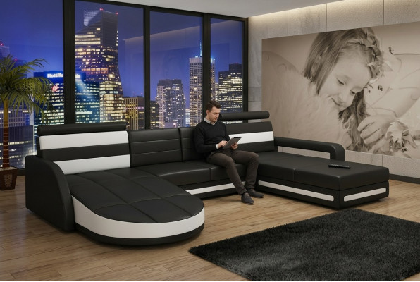 WOHNBERÄICH COUCH GARNITUR DESIGN ECKCOUCH Braun-Béige LEDERSOFA XXL ECKSOFA