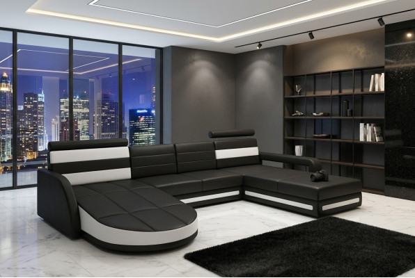 WOHNBERÄICH COUCH GARNITUR DESIGN ECKCOUCH Braun-Béige LEDERSOFA XXL ECKSOFA