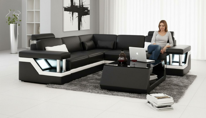 LEDERSOFA XXL GARNITUR WUNNZWEEDECKCOUCH LEDER ECKSOFA SCHWÄRZ / WÄISS