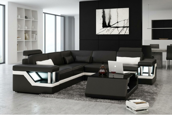 LEDERSOFA XXL GARNITUR WUNNZWEEDECKCOUCH LEDER ECKSOFA SCHWÄRZ / WÄISS