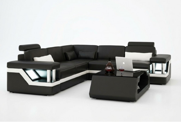 LEDERSOFA XXL GARNITUR WUNNZWEEDECKCOUCH LEDER ECKSOFA SCHWÄRZ / WÄISS
