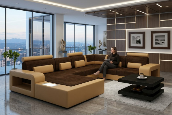 Sofa Sofagarnitur Stoff Textil Lieder Sofa mat Beliichtung Wunnlandschaft Couch !