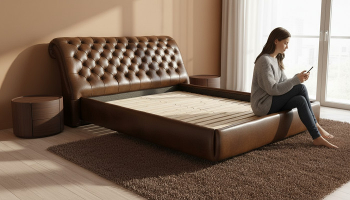 Chesterfield Grouss Bett Polsterbett Duebelbett Antiquéiert Edele kinnekleche Bett NEI