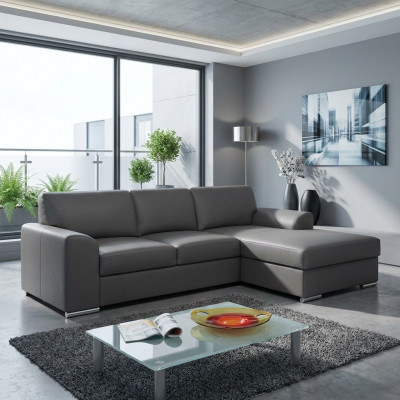Innovatioun am Wunnzëmmer Ecksofaen mat Stoffpolsterung an auszéierbarer Schloffonktion.