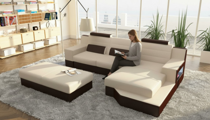 Designer Ecksofa Leder Textil Polster Garnitur Sofa Couch Wohnlandschaft