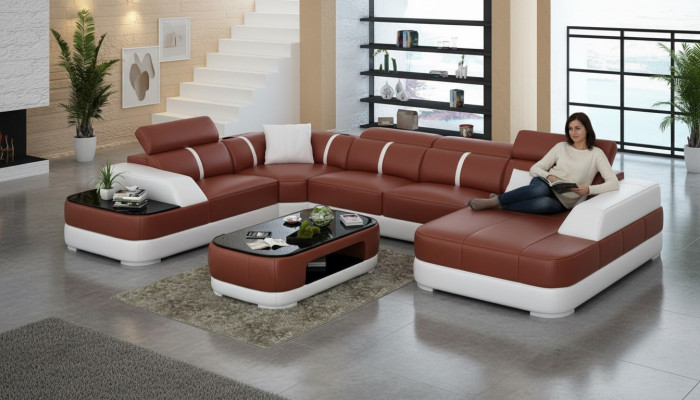 Ledersofa Polster Sëtz Eck Sofa Garnitur Wunnlandschaft Wunnzëmmer Couch G8026