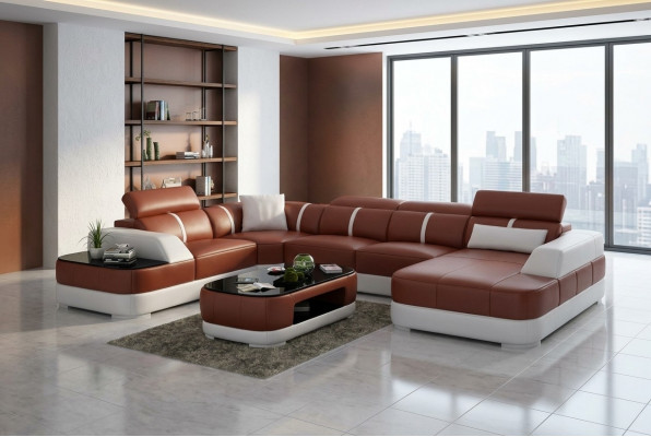 Ledersofa Polster Sëtz Eck Sofa Garnitur Wunnlandschaft Wunnzëmmer Couch G8026