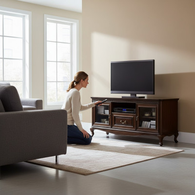 E en eleganten Multimedia-Stänner fir Fernseher a Mediengeräter am Stil vun enger moderner, minimalistischer Ästhetik.