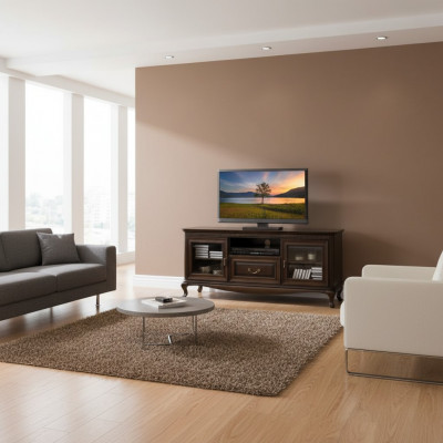 E en eleganten Multimedia-Stänner fir Fernseher a Mediengeräter am Stil vun enger moderner, minimalistischer Ästhetik.