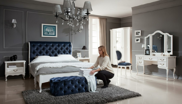 Schlofzëmmer Set Designer Chesterfield Bett Nuetsdëscher Komoud Schaf Miwwelen