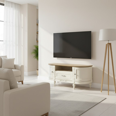 Elegante wäiss TV-Schaf aus Naturholz: Funktionalitéit an Stil fir Äert Interieur.