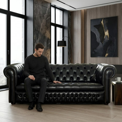 Schwaarz Chesterfield Canapé 3+1 Sëtzer Designer Couchen Sofaset