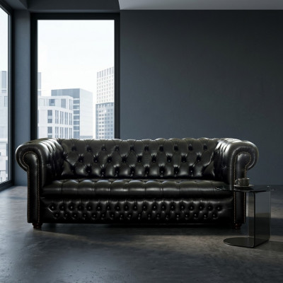 Schwaarz Chesterfield Canapé 3+1 Sëtzer Designer Couchen Sofaset