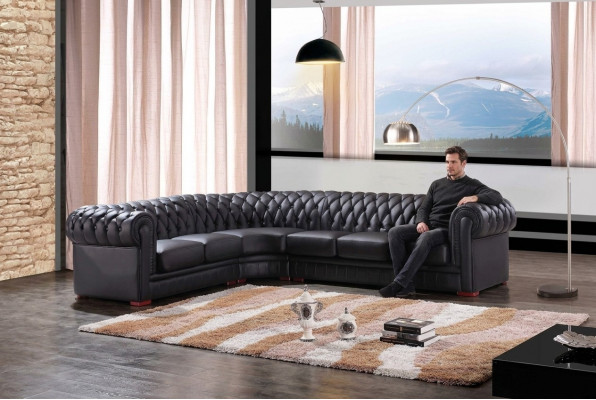 Chesterfield Ecksofa Eckcouch Designer Sofa Schwaarz Couch 100% Lieder