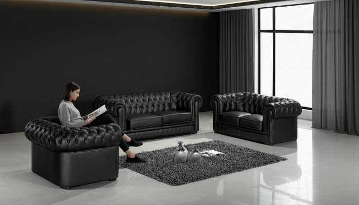 Schwärz Chesterfield Canapéë 3+2+1 Set Polster Designer Canapéë Garnitur