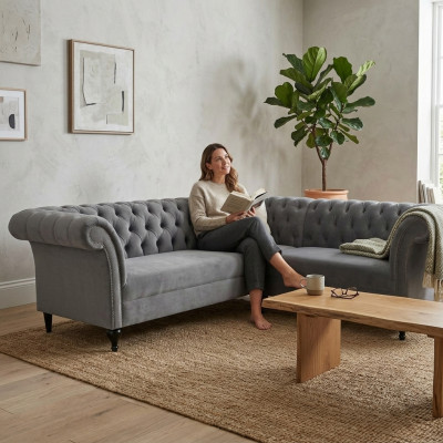 Gro schwaarzt Chesterfield Eckecksofa Eckcouch Designer L-Form Samett Sofa