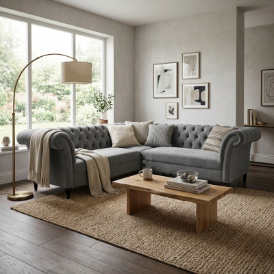 Gro schwaarzt Chesterfield Eckecksofa Eckcouch Designer L-Form Samett Sofa