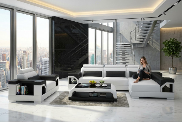 Ledersofa Wunnlandschaft Ecksofa + Fotell Eck Garnitur Design Modern