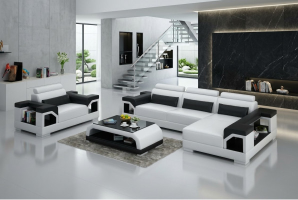 Ledersofa Wunnlandschaft Ecksofa + Fotell Eck Garnitur Design Modern