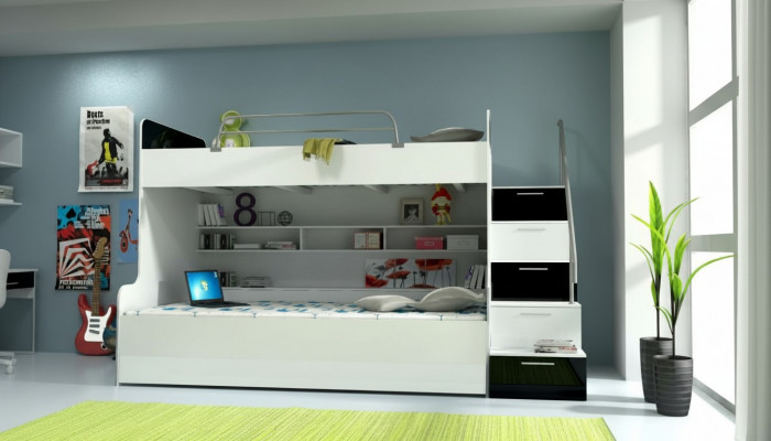 Duebelbett Etagenbett Bett Kannerbett Jugendbett Héichbett Nei Schwaarz/Wäiss