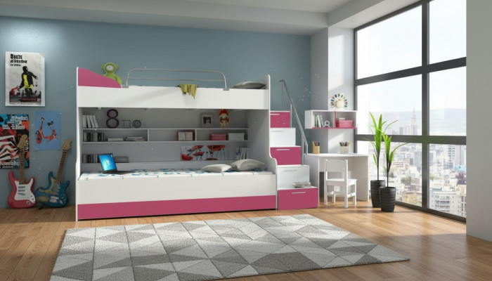 Duebelstockbett Stäckesbett Bett Kannerbett Jugendbett Héichbett B003 Rosa/Wäiss