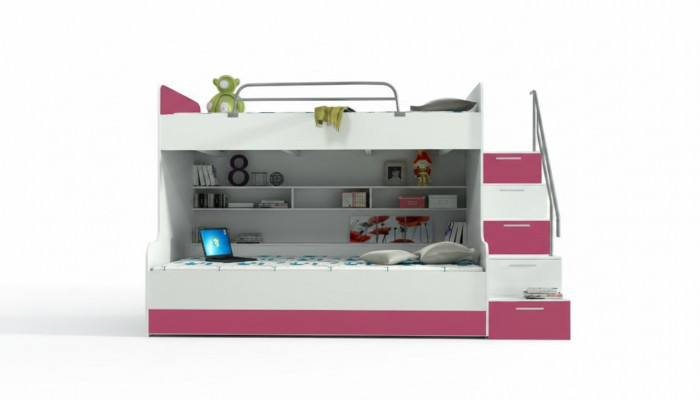 Duebelstockbett Stäckesbett Bett Kannerbett Jugendbett Héichbett B003 Rosa/Wäiss