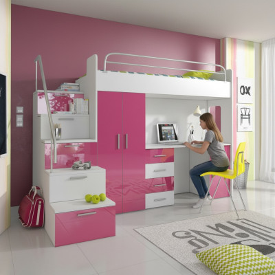 Stockbett, Etagenbett, Duebelbett, Jugendbett, Better mat Schaf, Dësch, Nei