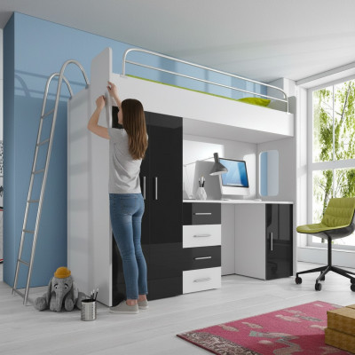 KABÄNG BETT STROSBETT ETAGENBETT SCHREIW-DËSCH+KLEEDERSCHAFT-RAJ 4D SCHWÄRZ