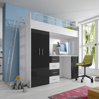 KABÄNG BETT STROSBETT ETAGENBETT SCHREIW-DËSCH+KLEEDERSCHAFT-RAJ 4D SCHWÄRZ