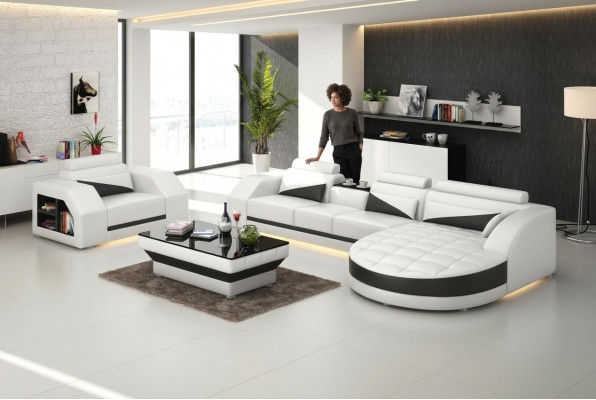 Ledersofa Couch Wunnlandschaft Eckcanapé + Fauteuil Garnitur Design Sofa G8018E
