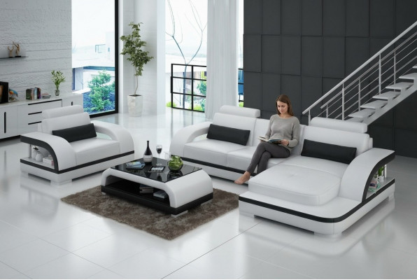 Ledersofa Canapé Wunnlandschaft Ecksofa + 1-Sëtzer Garnitur Modern Sofa G8011E