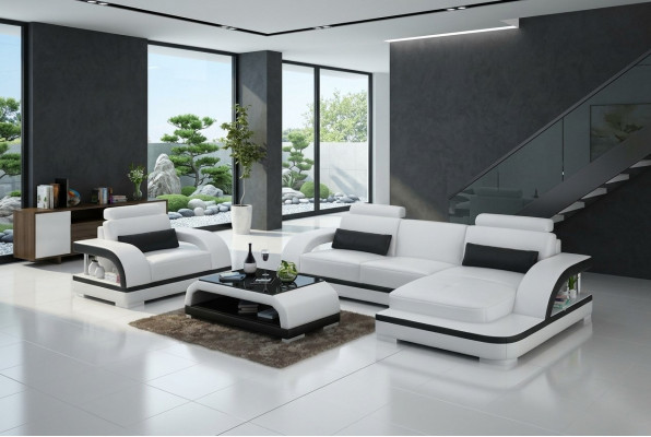 Ledersofa Canapé Wunnlandschaft Ecksofa + 1-Sëtzer Garnitur Modern Sofa G8011E