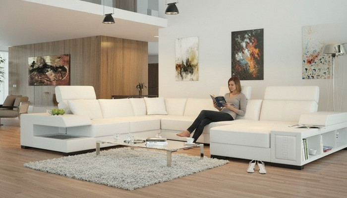 Schnéi-wäisst Designer Eckcouch a U-Form fir e luxuriéist Wunnambiente