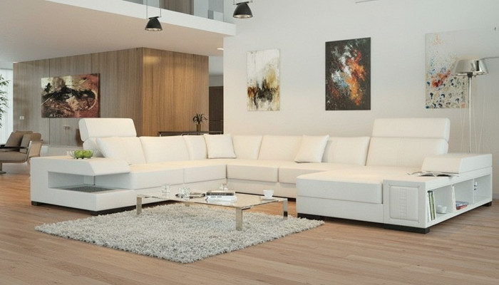 Schnéi-wäisst Designer Eckcouch a U-Form fir e luxuriéist Wunnambiente