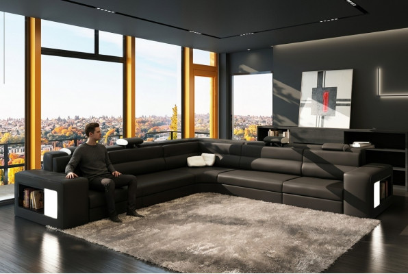 Ledersofa Sofa Canapé Ecksofa Sëtz Polstersëtz Wunnlandschaft XXL Grouss Weiden Schwaarz
