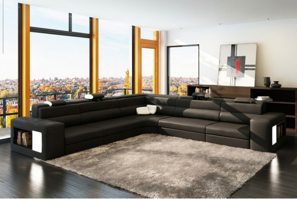 Ledersofa Sofa Canapé Ecksofa Sëtz Polstersëtz Wunnlandschaft XXL Grouss Weiden Schwaarz