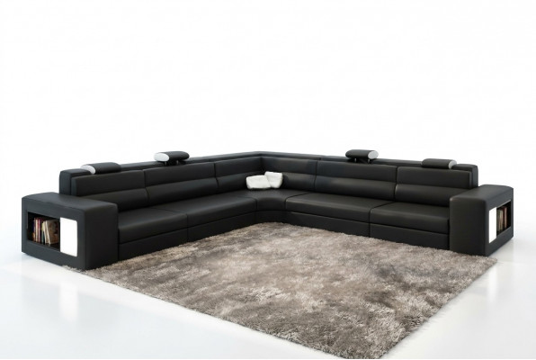 Ledersofa Sofa Canapé Ecksofa Sëtz Polstersëtz Wunnlandschaft XXL Grouss Weiden Schwaarz